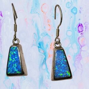 Mexico 950 Silver And Blue Green Lab Opal Dangle Earrings
